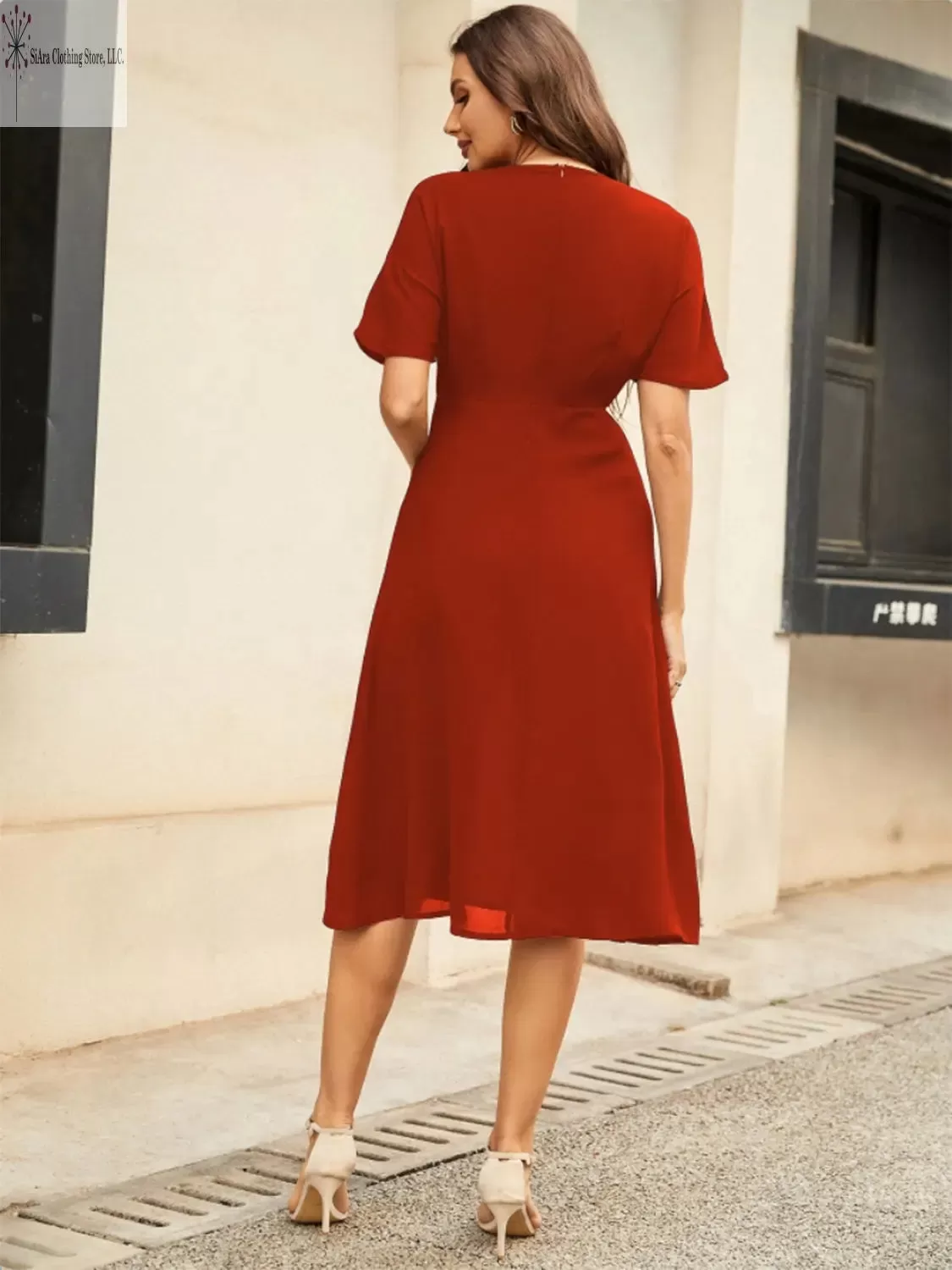 Short Sleeve Midi Dress Round Neck