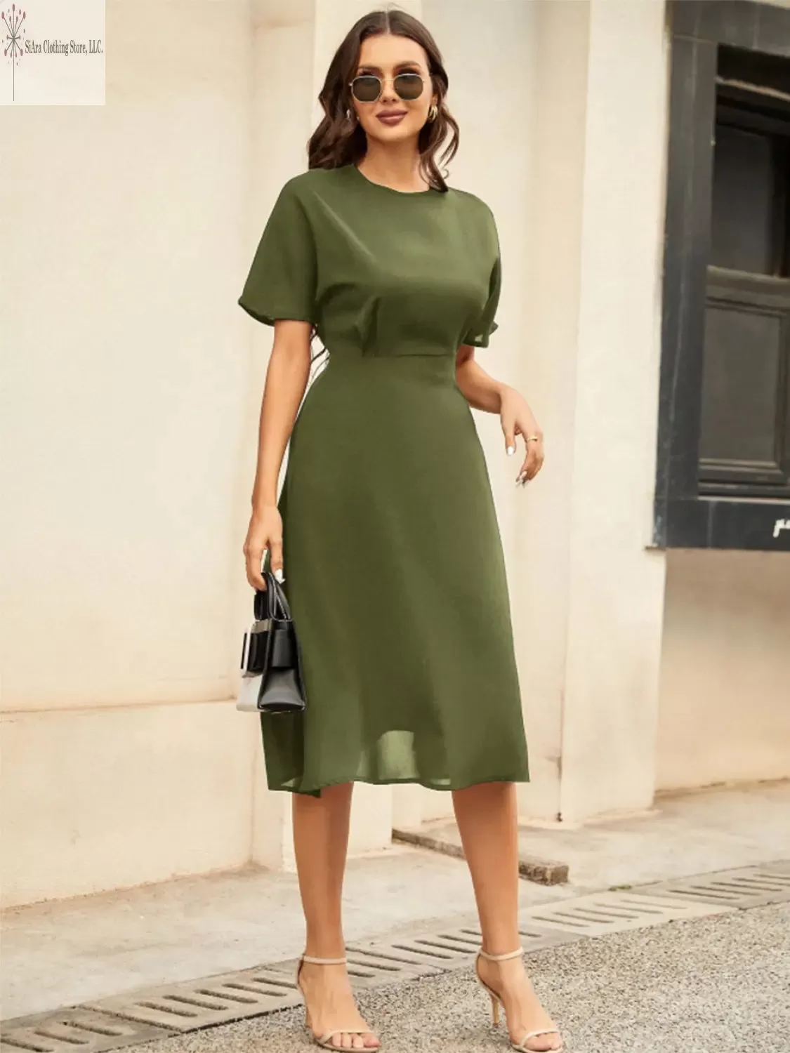 Short Sleeve Midi Dress Round Neck