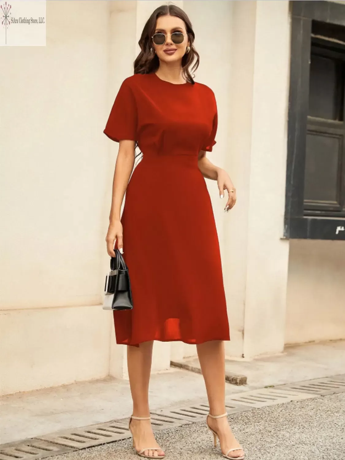 Short Sleeve Midi Dress Round Neck