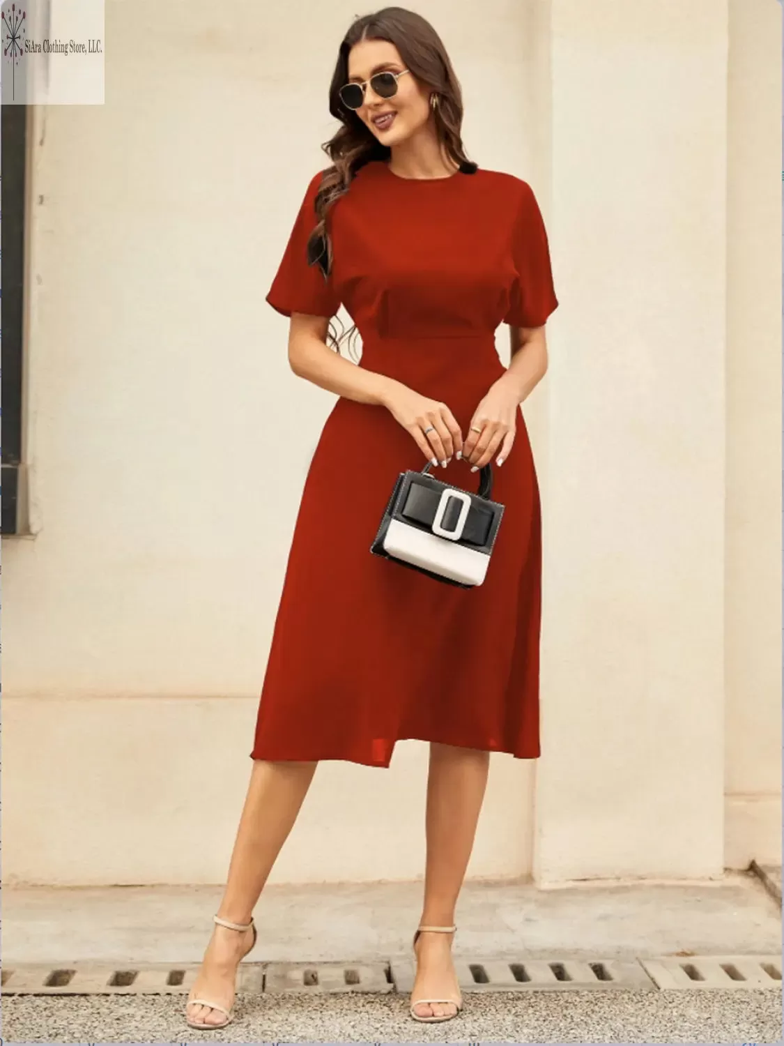 Short Sleeve Midi Dress Round Neck