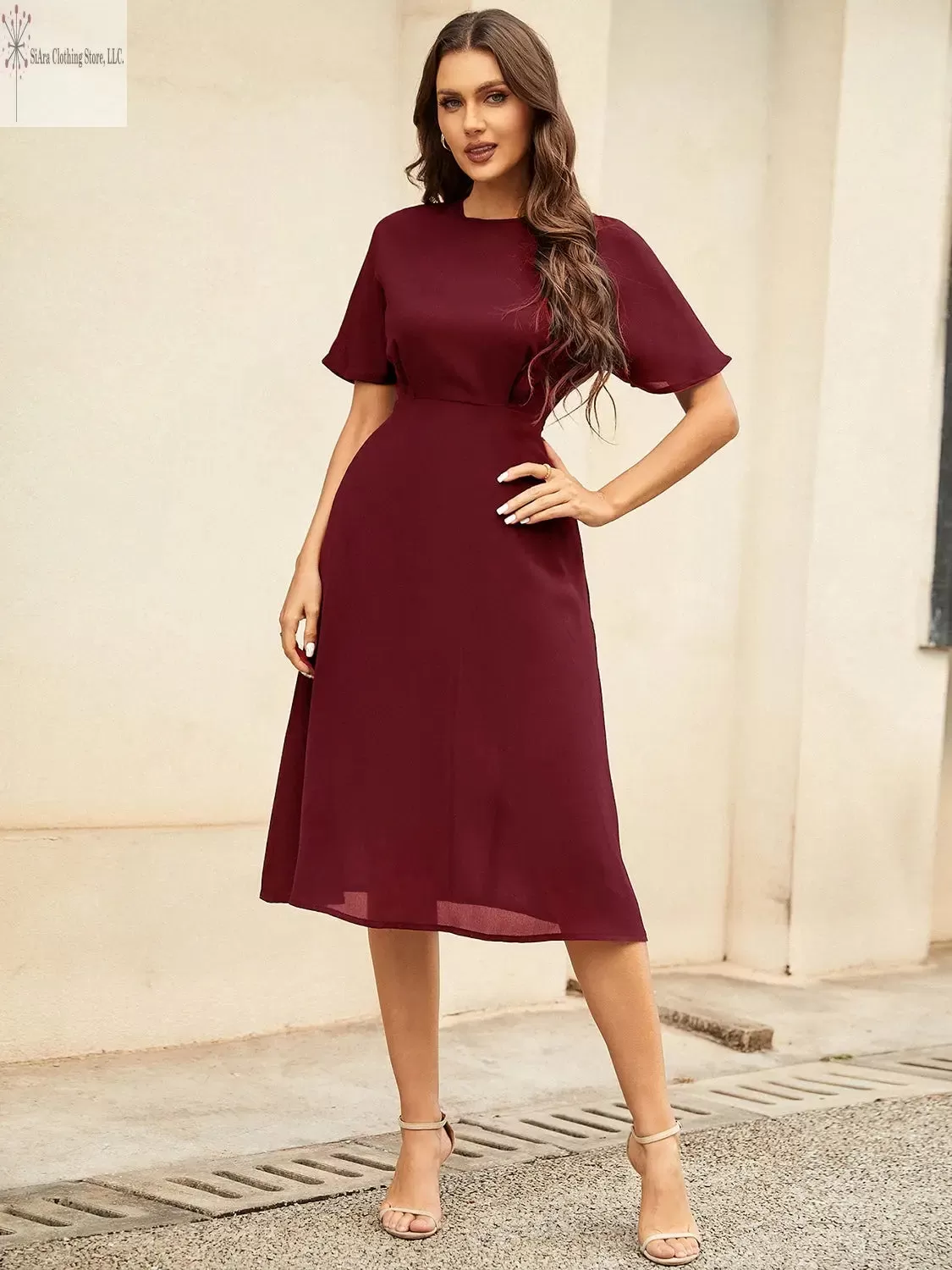 Short Sleeve Midi Dress Round Neck