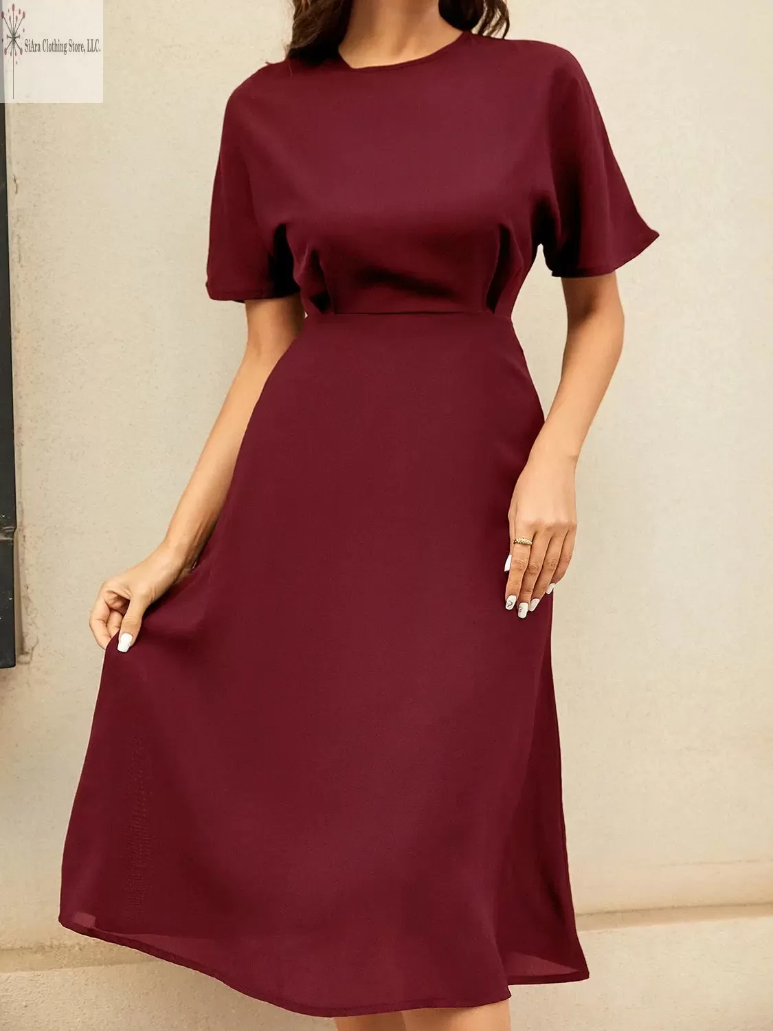 Short Sleeve Midi Dress Round Neck