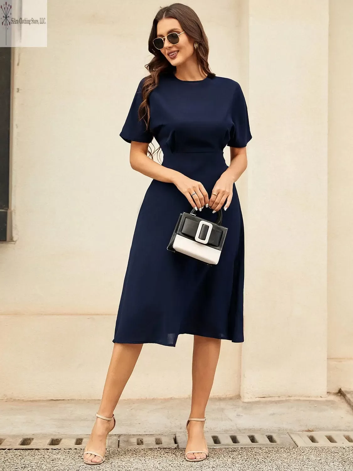 Short Sleeve Midi Dress Round Neck