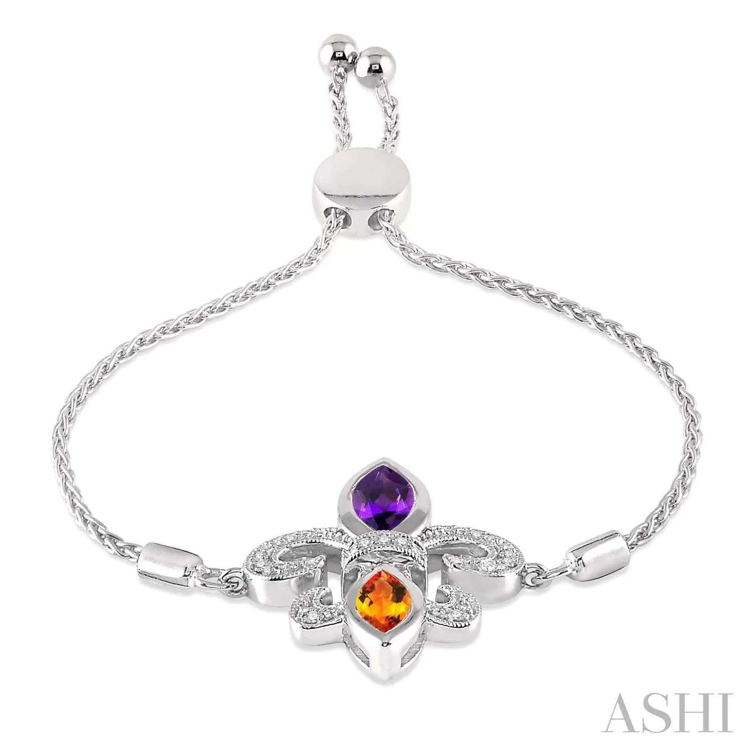 Silver Fleur De Lis Diamond & Gemstone Fleur De Lis Adjustable Bracelet, LSU Bracelet