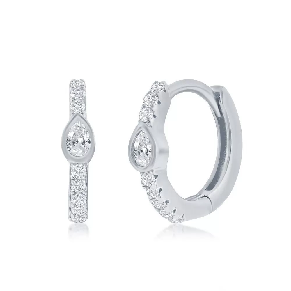 SS 11MM Center Pear Shape CZ Huggie Hoop Earrings