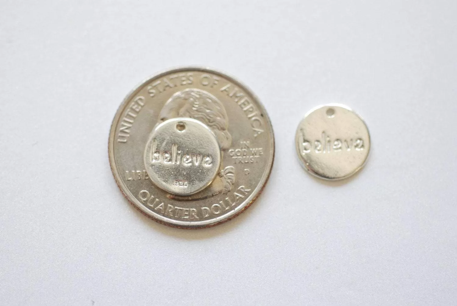 Sterling Silver Round BELIEVE Disc- 12mm Round Silver Disc, 925 Silver Disc, Believe, Sterling Silver Wholesale Charms, 185