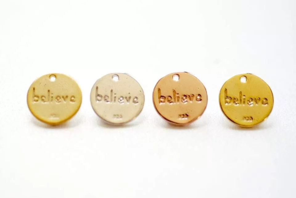 Sterling Silver Round BELIEVE Disc- 12mm Round Silver Disc, 925 Silver Disc, Believe, Sterling Silver Wholesale Charms, 185