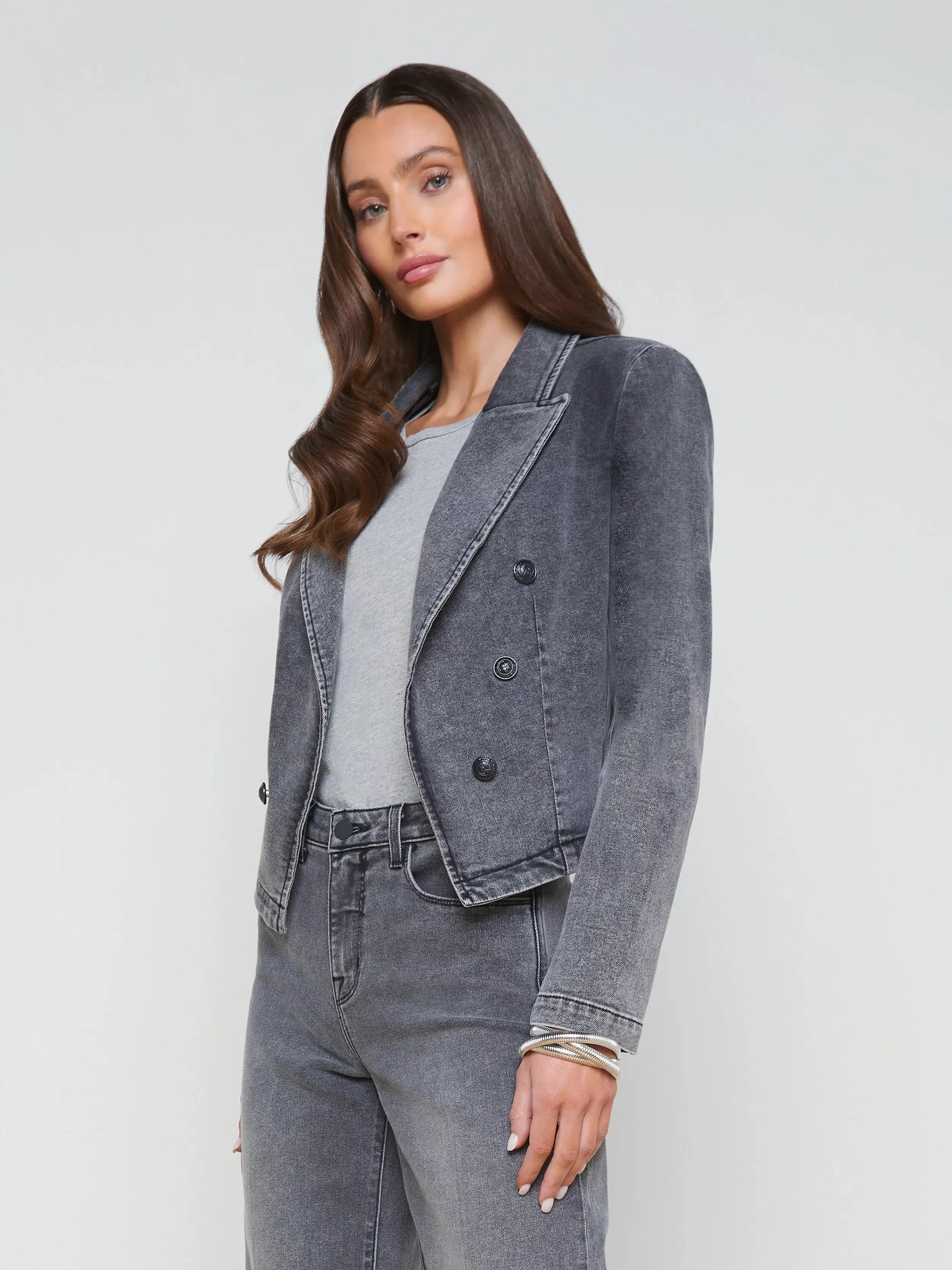 WAYNE CROP DOUBLE BREASTED DENIM BLAZER - L'AGENCE