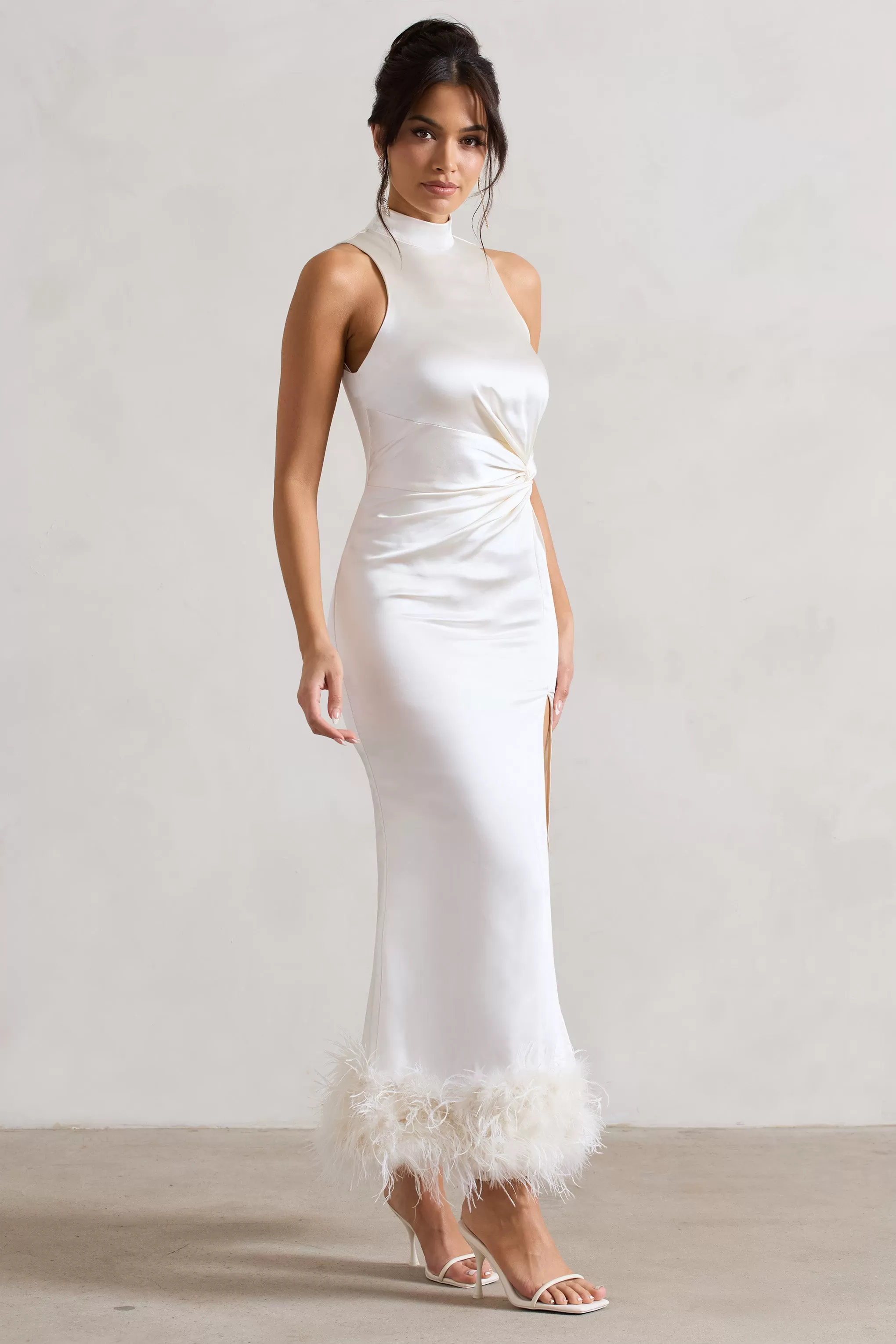 Zoe | Cream Satin Twist Split Maxi Dress With Feather Trim